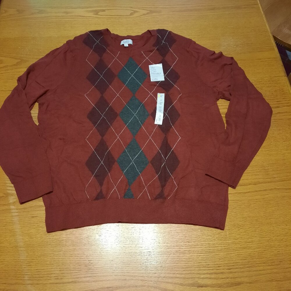 CROFT & BARROW SWEATER men's size XXL burgundy gray argyle v neck long sleeve